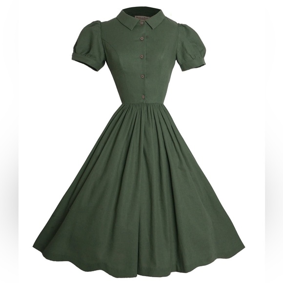Hearts and Found Judy Dress in Hunter Green Linen - Picture 1 of 3